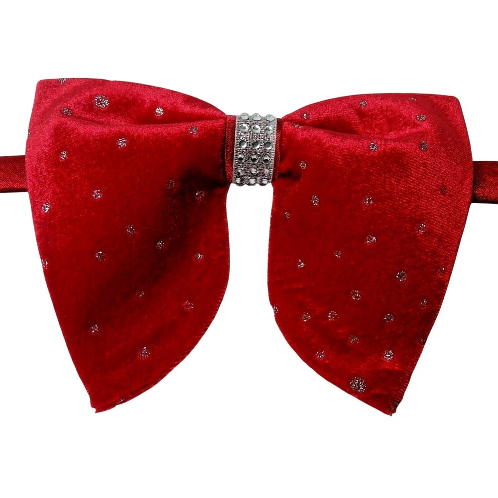 Red Velvet Floppy Bow Tie Silver Glitter Polka Dot Rhinestone Pre-Tied Adjustabl